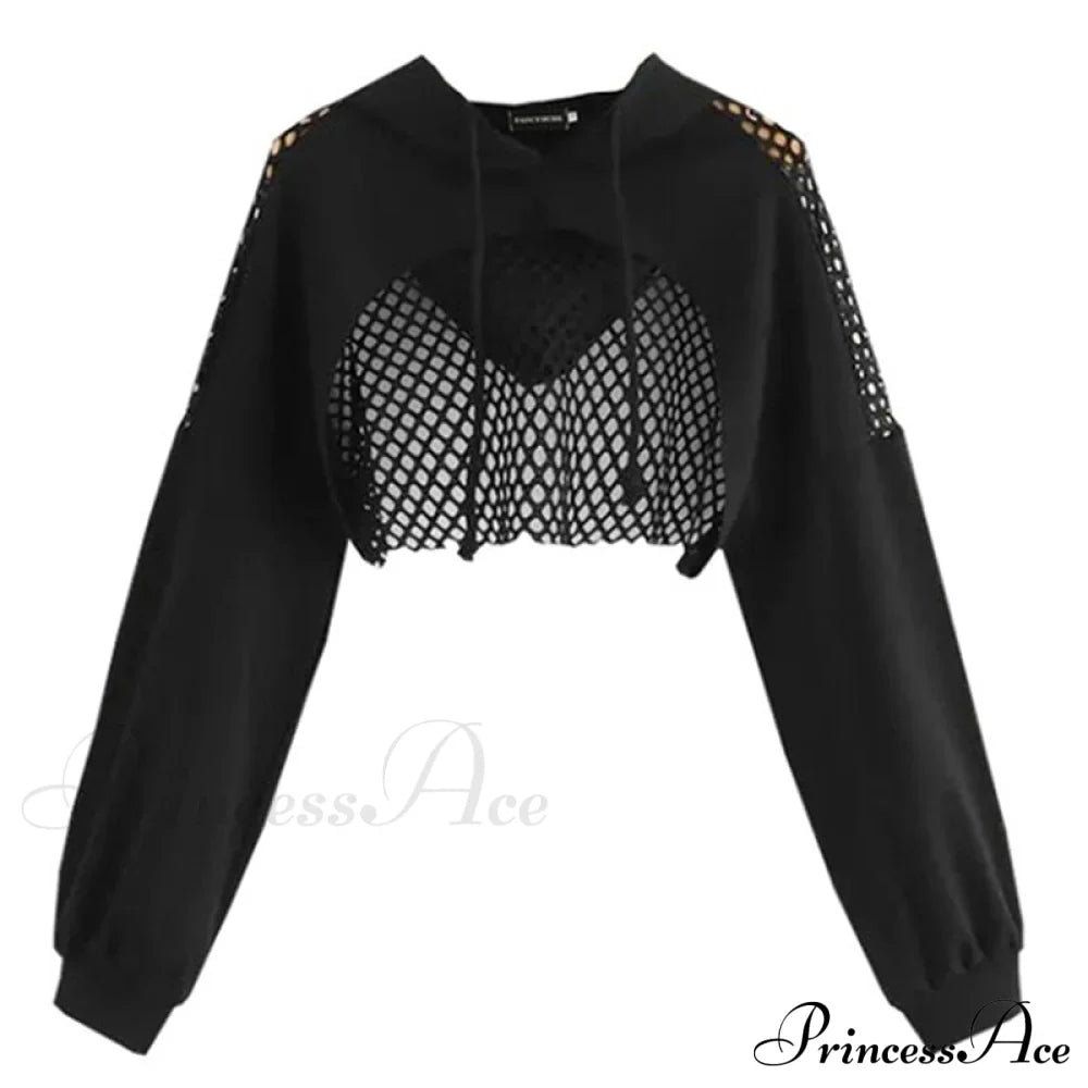 Women's Mesh with Out Hoodie Black Crop Top Hollow Patchwork image 1