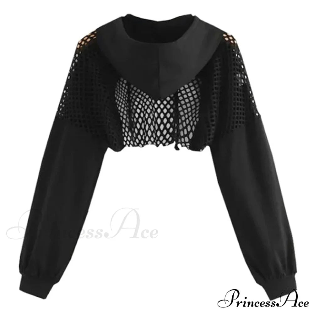 Women's Mesh with Out Hoodie Black Crop Top Hollow Patchwork image 5