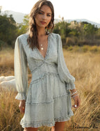 Women's Ruffles Chiffon Boho V-neck Mini Beach Dress with Long Lantern Sleeves image 8