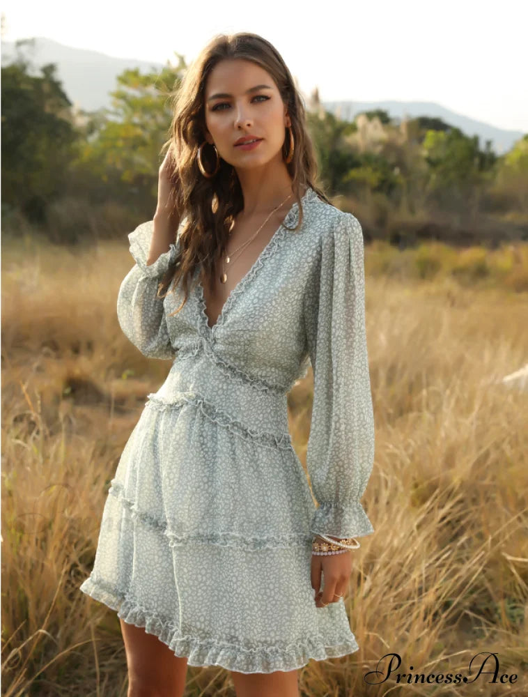 Women's Ruffles Chiffon Boho V-neck Mini Beach Dress with Long Lantern Sleeves image 7