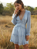 Women's Ruffles Chiffon Boho V-neck Mini Beach Dress with Long Lantern Sleeves image 5