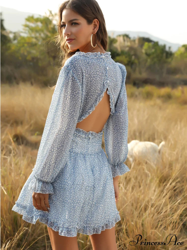 Women's Ruffles Chiffon Boho V-neck Mini Beach Dress with Long Lantern Sleeves image 6