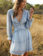 Women's Ruffles Chiffon Boho V-neck Mini Beach Dress with Long Lantern Sleeves image 4