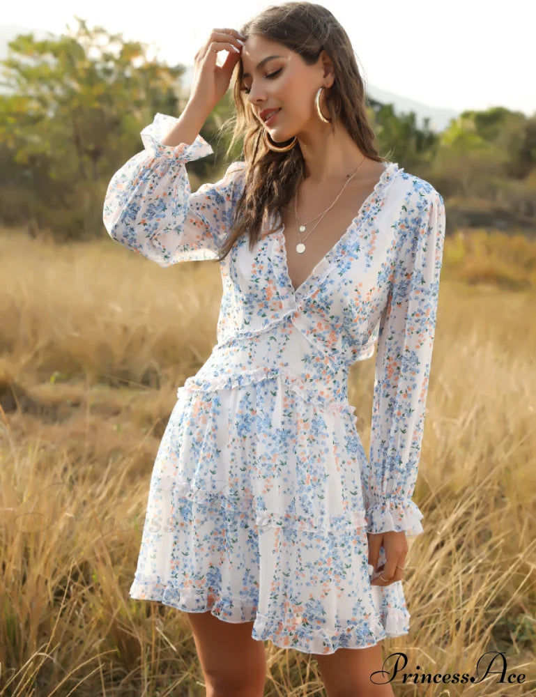 Women's Ruffles Chiffon Boho V-neck Mini Beach Dress with Long Lantern Sleeves image 3