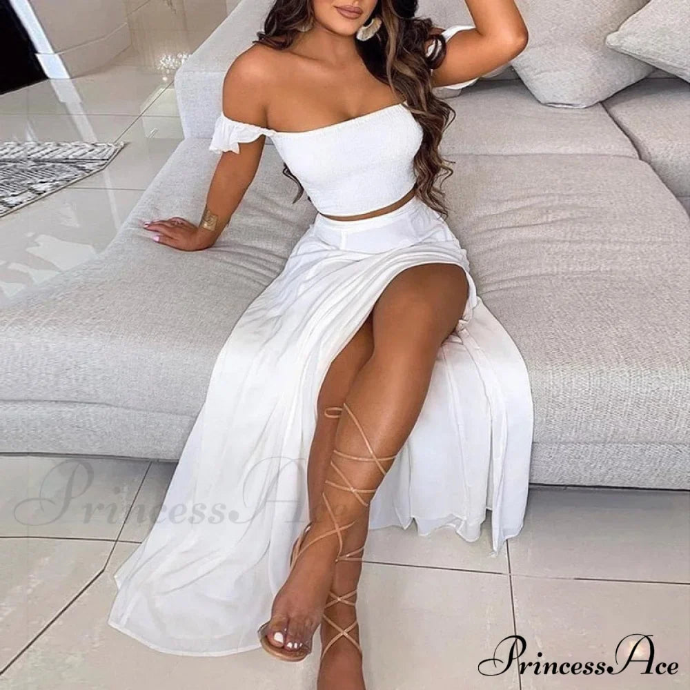 Women's Slash and - Long Warm-Season Top Slit Piece Spring with Shoulder Neck Set Two Off Flowered Party Gown Design Skirts image 4