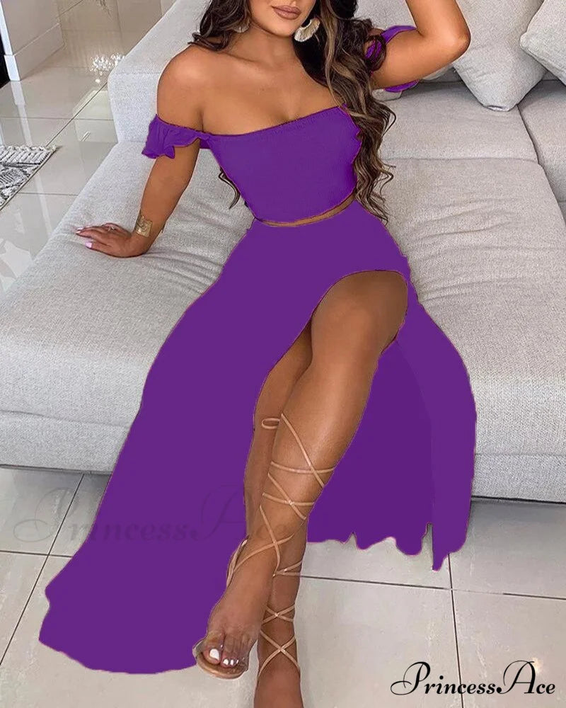 Women's Slash and - Long Warm-Season Top Slit Piece Spring with Shoulder Neck Set Two Off Flowered Party Gown Design Skirts image 15