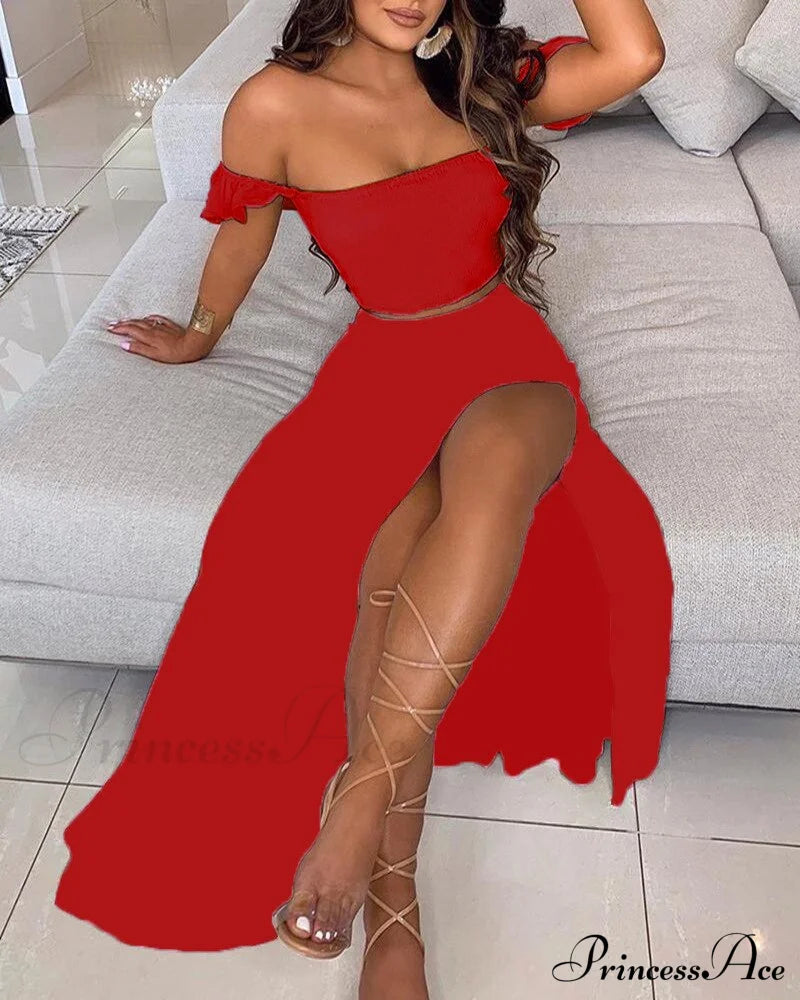 Women's Slash and - Long Warm-Season Top Slit Piece Spring with Shoulder Neck Set Two Off Flowered Party Gown Design Skirts image 16