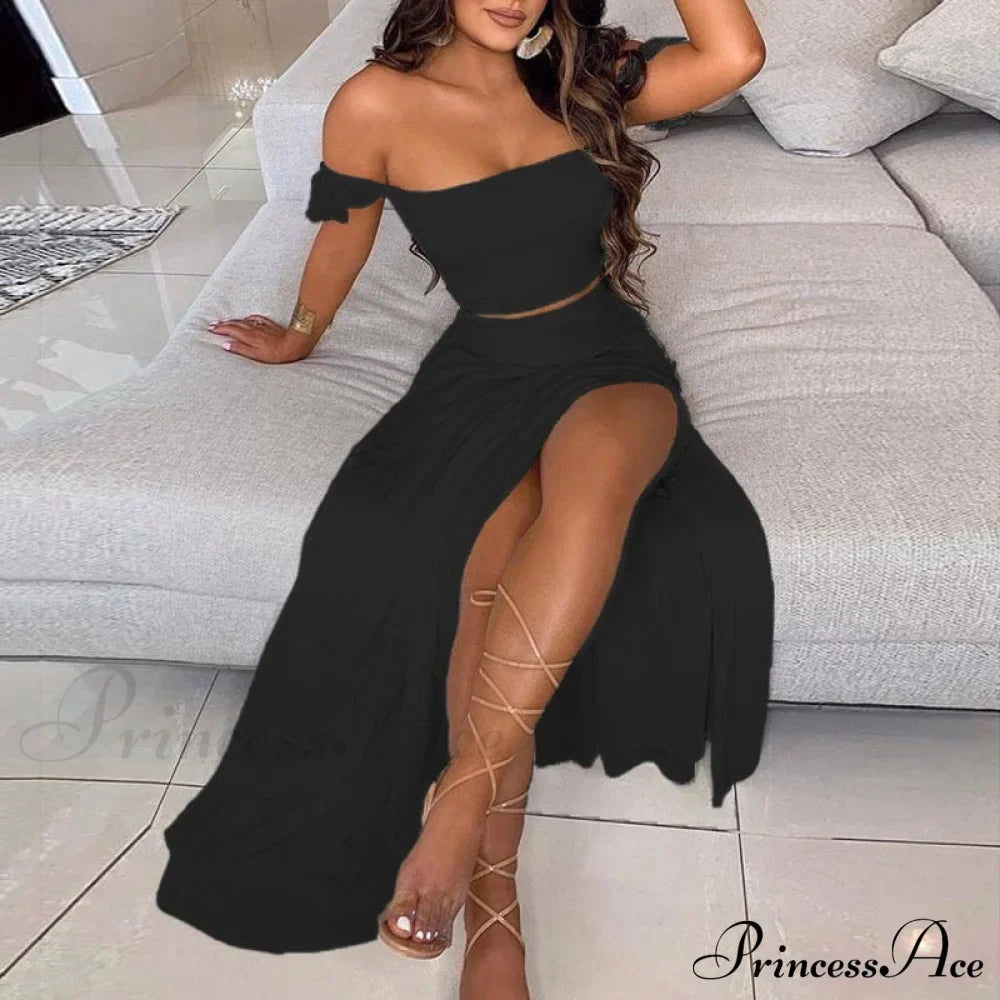 Women's Slash and - Long Warm-Season Top Slit Piece Spring with Shoulder Neck Set Two Off Flowered Party Gown Design Skirts image 17