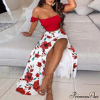 Women's Slash and - Long Warm-Season Top Slit Piece Spring with Shoulder Neck Set Two Off Flowered Party Gown Design Skirts image 5