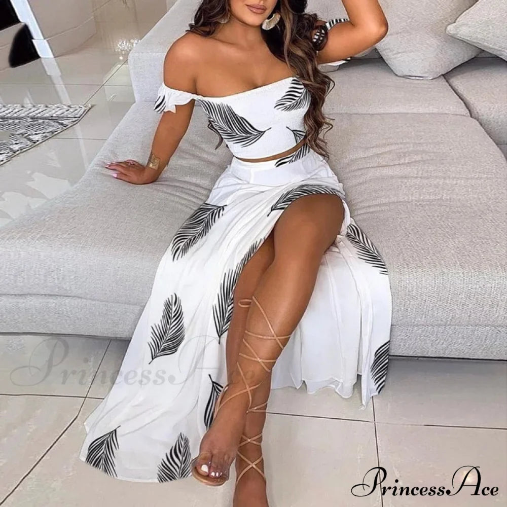 Women's Slash and - Long Warm-Season Top Slit Piece Spring with Shoulder Neck Set Two Off Flowered Party Gown Design Skirts image 6