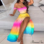 Women's Slash and - Long Warm-Season Top Slit Piece Spring with Shoulder Neck Set Two Off Flowered Party Gown Design Skirts image 8