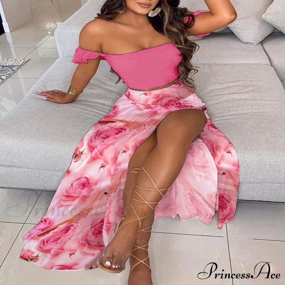 Women's Slash and - Long Warm-Season Top Slit Piece Spring with Shoulder Neck Set Two Off Flowered Party Gown Design Skirts image 10