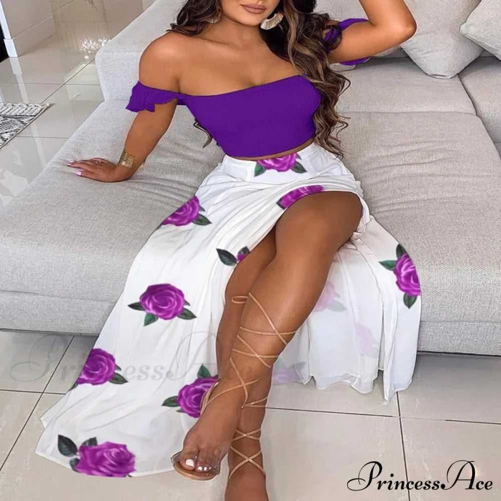Women's Slash and - Long Warm-Season Top Slit Piece Spring with Shoulder Neck Set Two Off Flowered Party Gown Design Skirts image 11