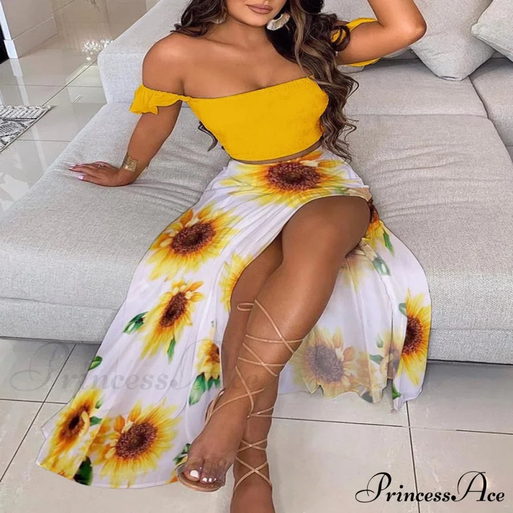 Women's Slash and - Long Warm-Season Top Slit Piece Spring with Shoulder Neck Set Two Off Flowered Party Gown Design Skirts image 12