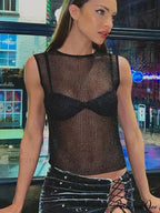 Women's Sleeveless Slim Fit See-Through Vest Corect Sequin Scoop Neck Glitter Outfits Tank top image 5