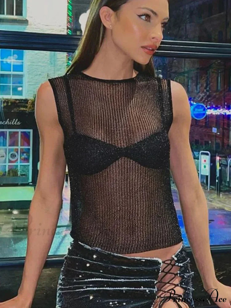 Women's Sleeveless Slim Fit See-Through Vest Corect Sequin Scoop Neck Glitter Outfits Tank top image 5