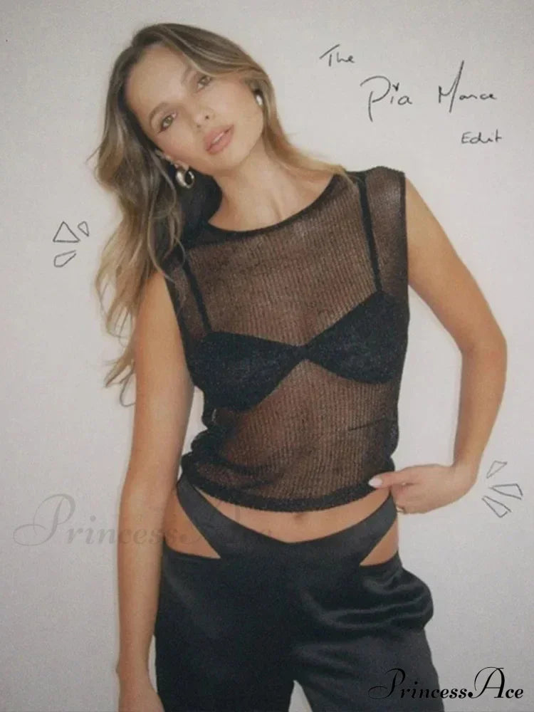 Women's Sleeveless Slim Fit See-Through Vest Corect Sequin Scoop Neck Glitter Outfits Tank top image 1