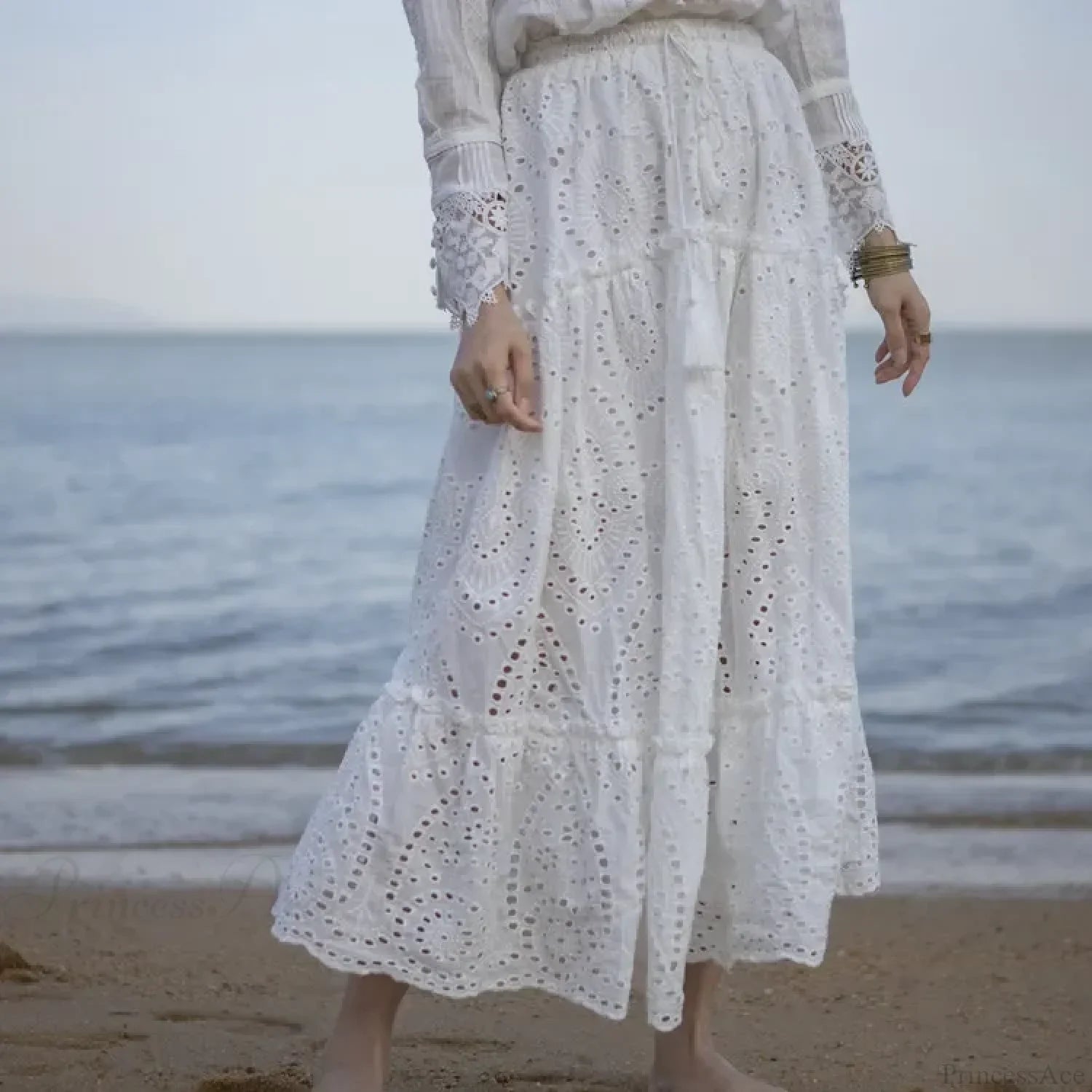 Women's Summer Cotton Full Lace Midi Skirt A-line Boho Vacation image 4