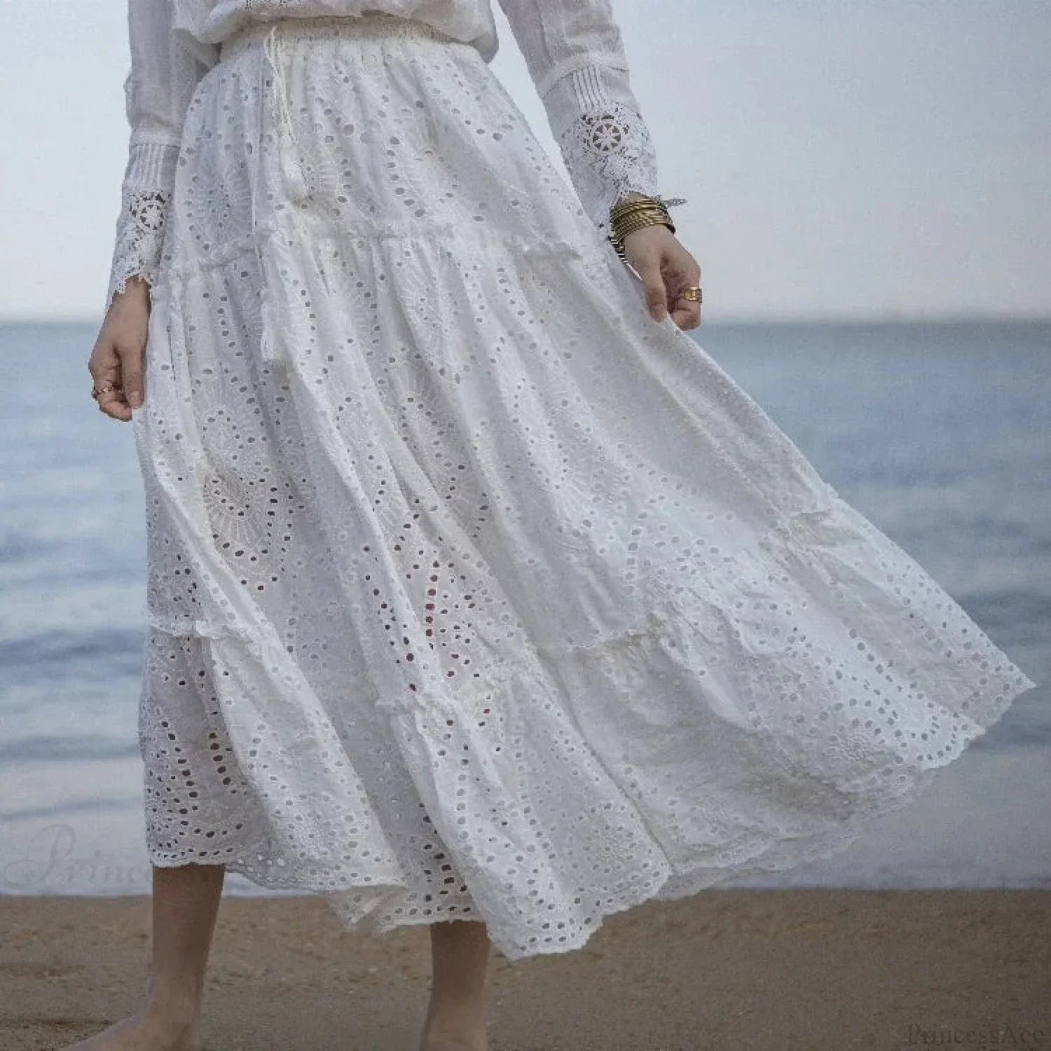 Women's Summer Cotton Full Lace Midi Skirt A-line Boho Vacation image 3