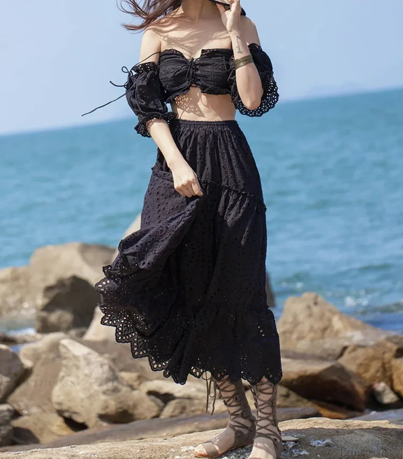 Women's Summer Cotton Full Lace Midi Skirt A-line Boho Vacation image 6