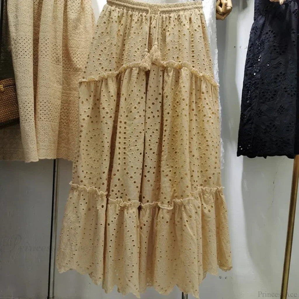 Women's Summer Cotton Full Lace Midi Skirt A-line Boho Vacation image 5