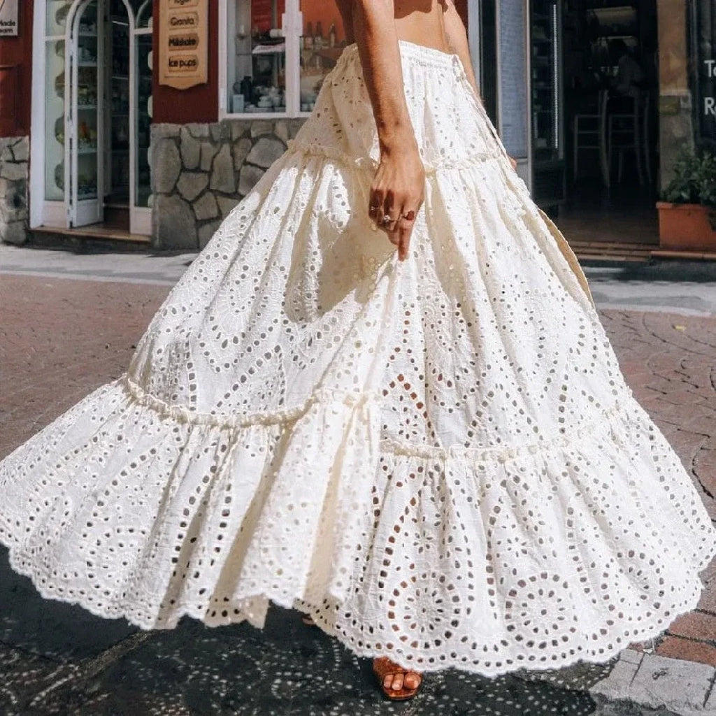 Women's Summer Cotton Full Lace Midi Skirt A-line Boho Vacation image 1