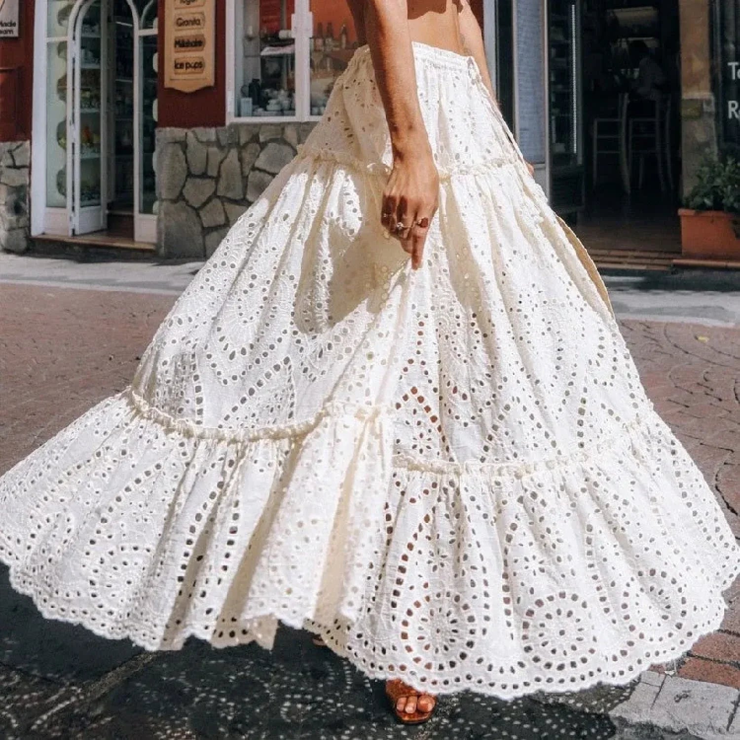Women's Summer Cotton Full Lace Midi Skirt A-line Boho Vacation image 1