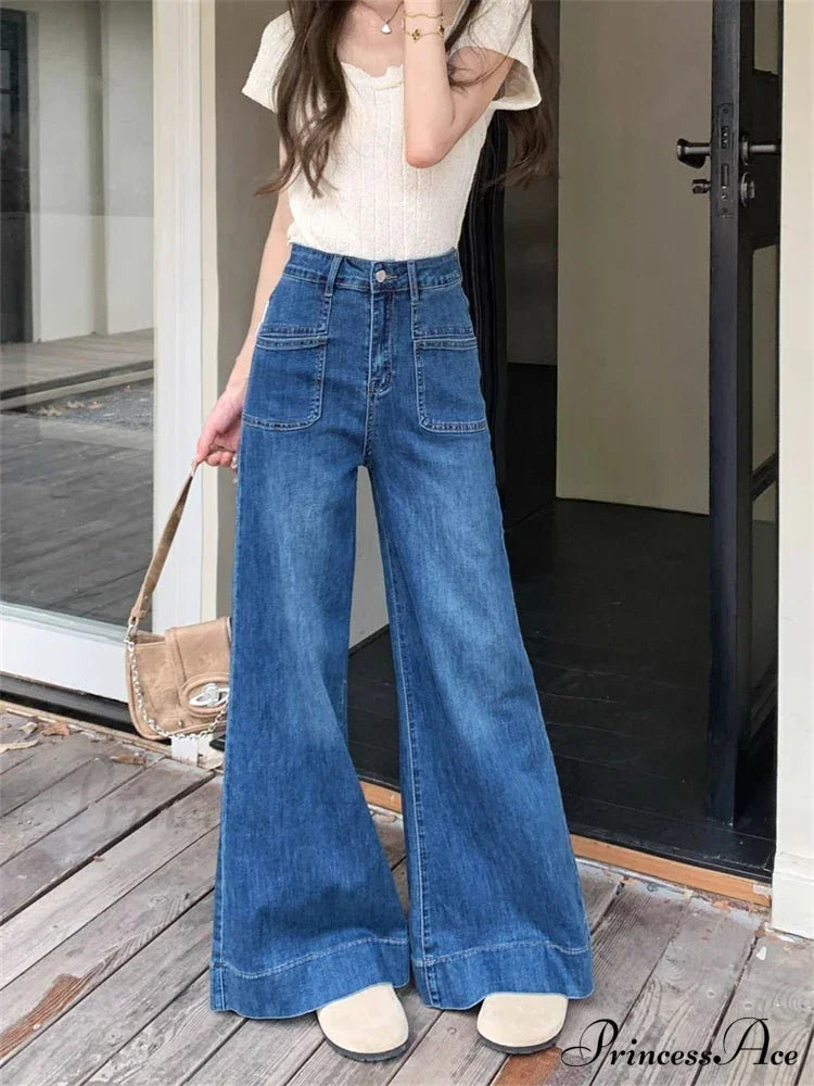 Women's Vintage Style Micro Flared Street Girl Bottoms High Waisted Pant Female Fashion Blue Denim Wide Leg Jeans image 4