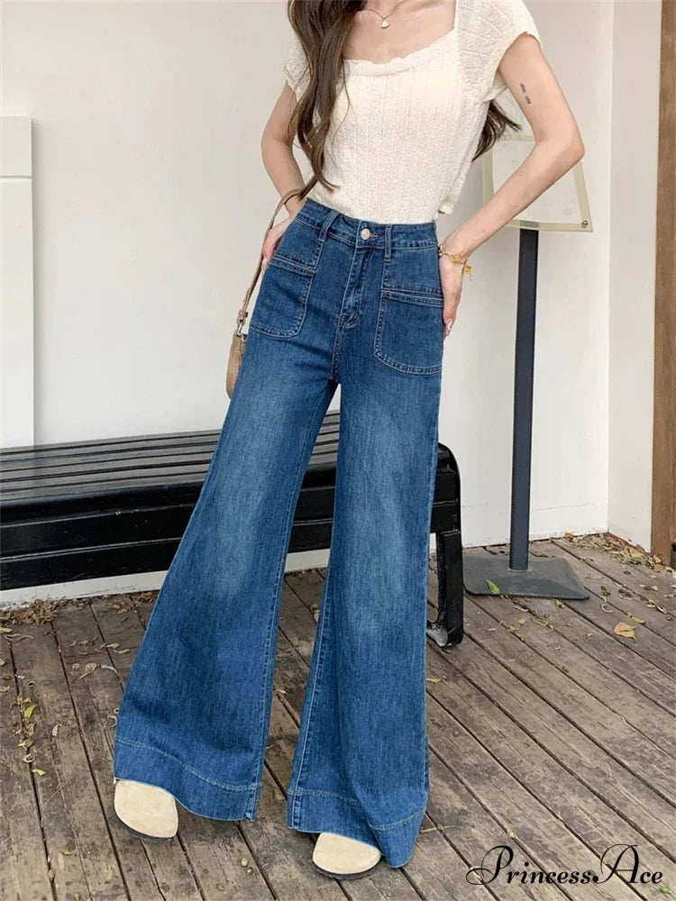 Women's Vintage Style Micro Flared Street Girl Bottoms High Waisted Pant Female Fashion Blue Denim Wide Leg Jeans image 3