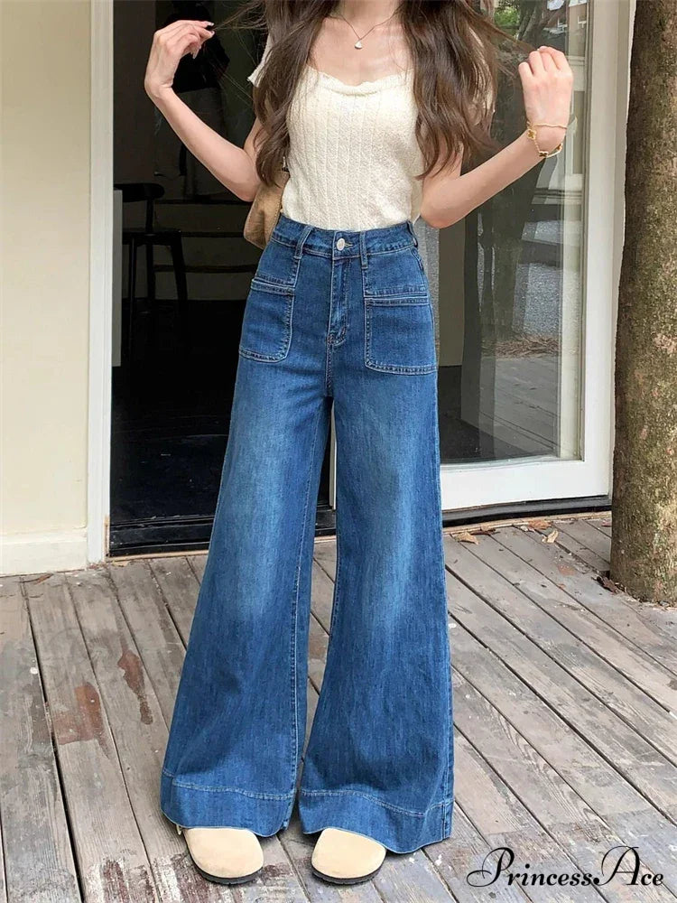 Women's Vintage Style Micro Flared Street Girl Bottoms High Waisted Pant Female Fashion Blue Denim Wide Leg Jeans image 5
