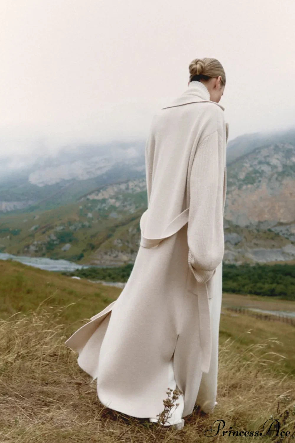 Wool Blend Lapel Tie Waist Long Overcoat image 4