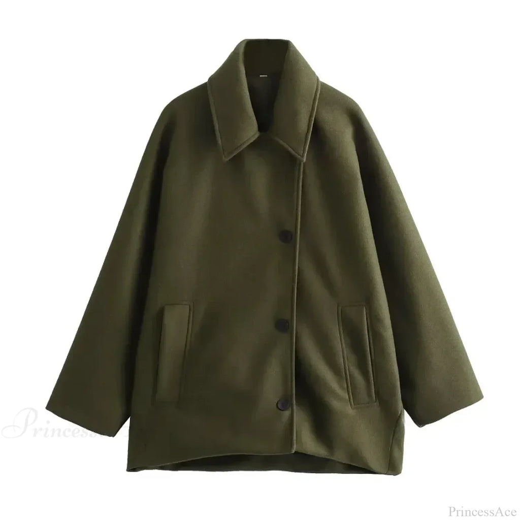 Wool Blends Khaki Green Long Sleeve Overcoat image 3