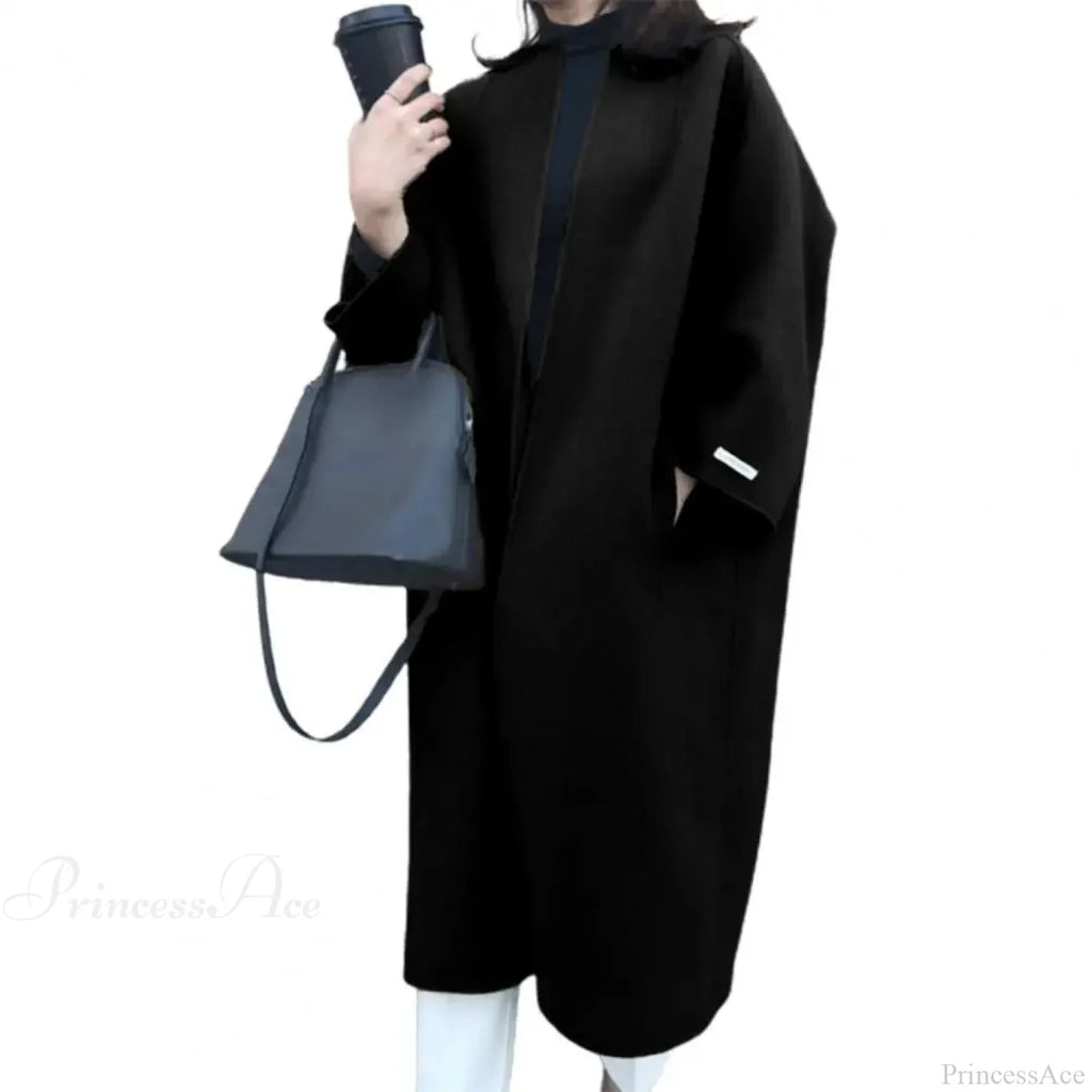 Woolen Cardigan Solid Color Long Overcoat image 3