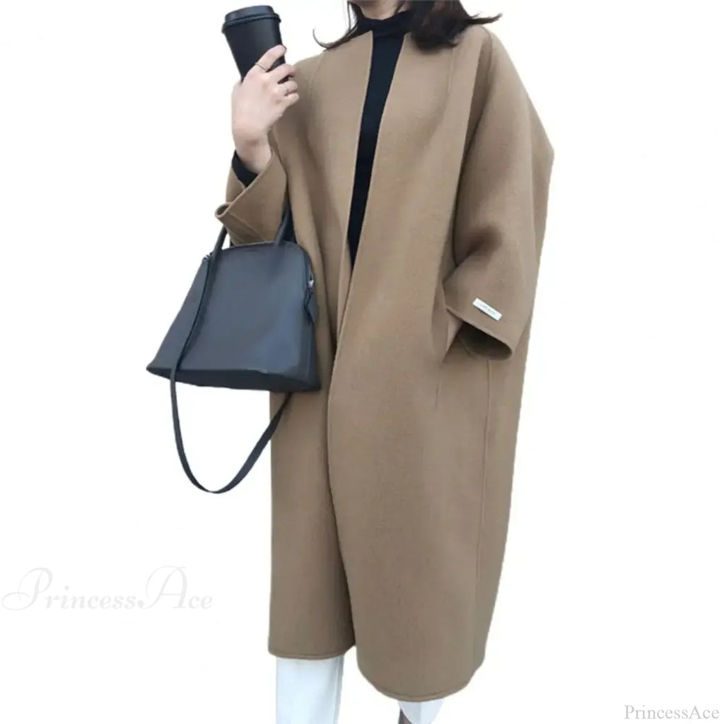 Woolen Cardigan Solid Color Long Overcoat image 5