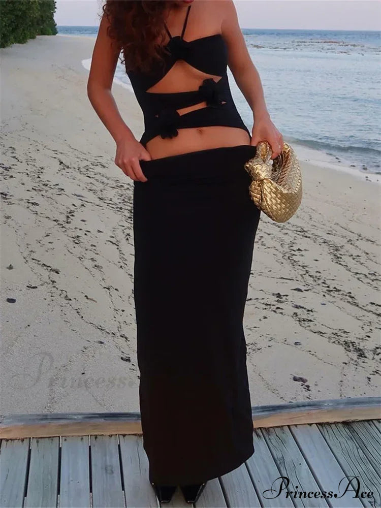 Y2K 3D Flowers Fairy Sexy Hollow Out Slim Summer Back Split Beach Party Club Outfits Vestidos image 2
