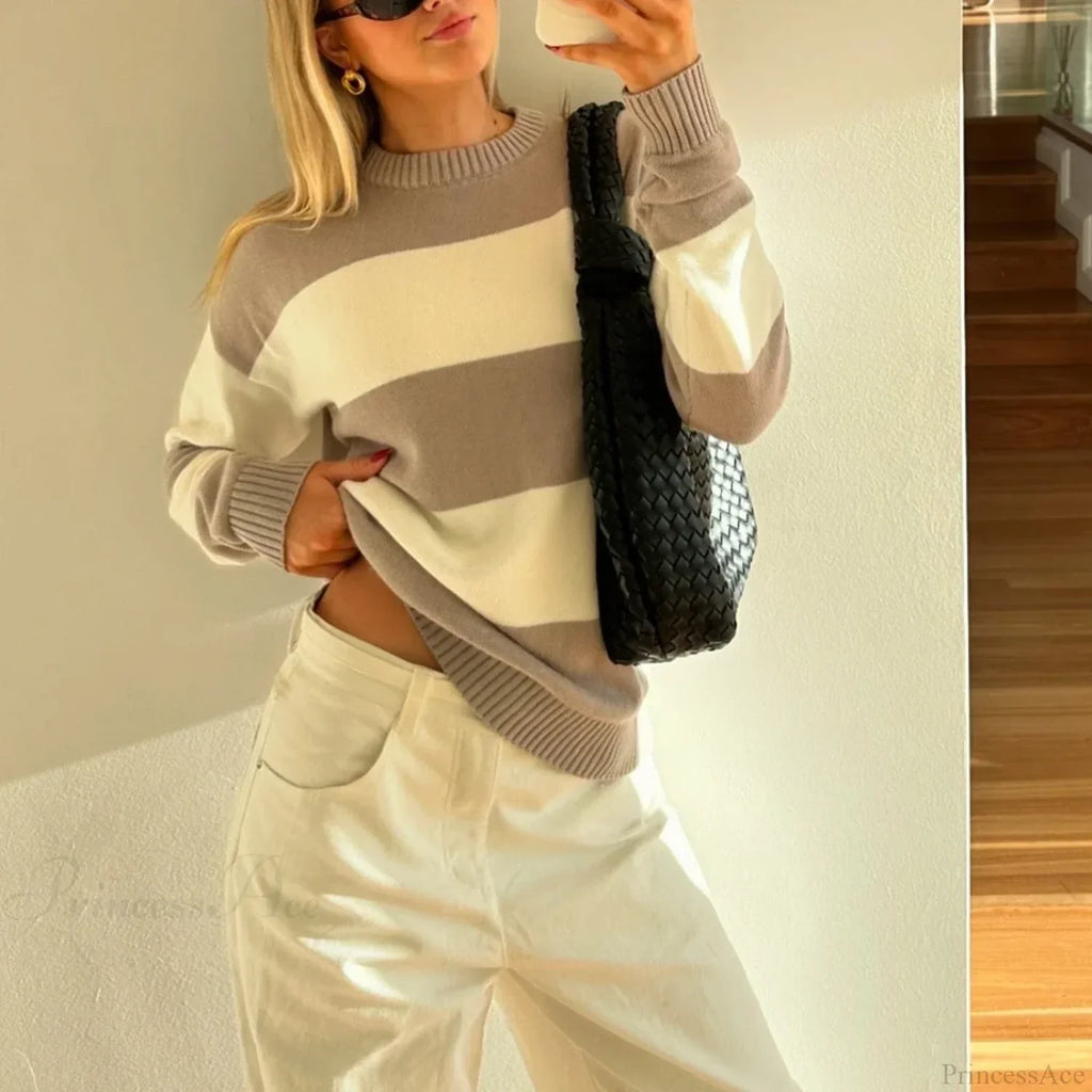 Y2K Autumn Loose Fit Stripe Print Color Block Knit Top image 3