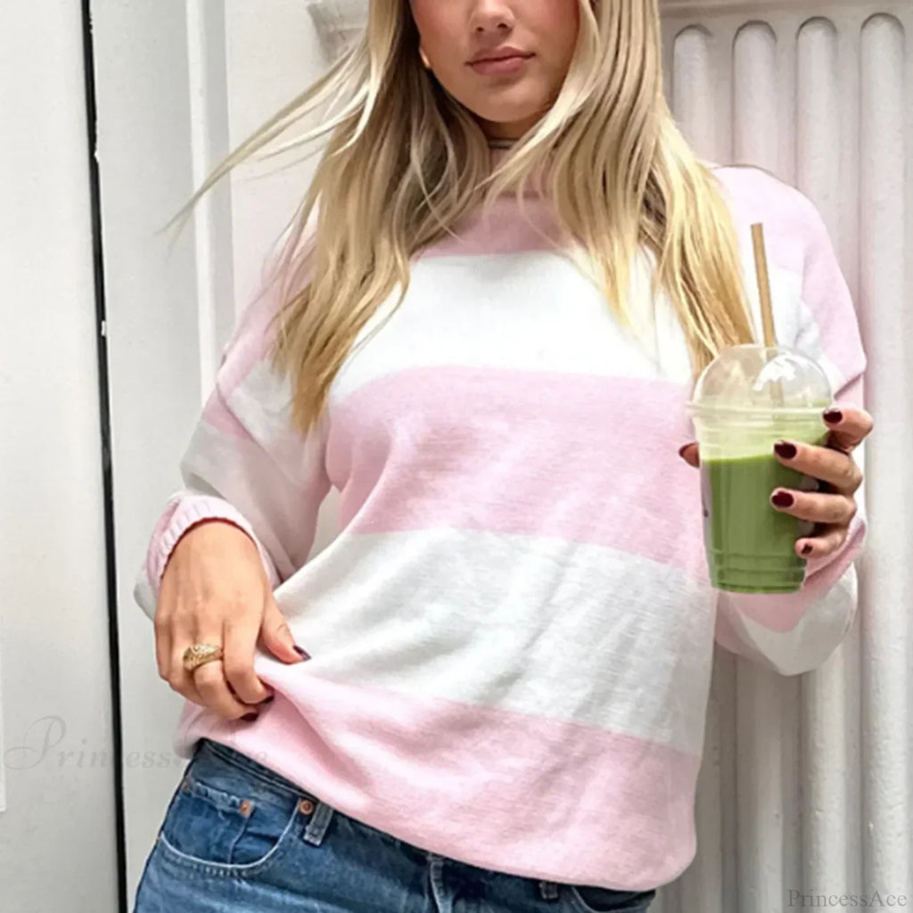 Y2K Autumn Loose Fit Stripe Print Color Block Knit Top image 4