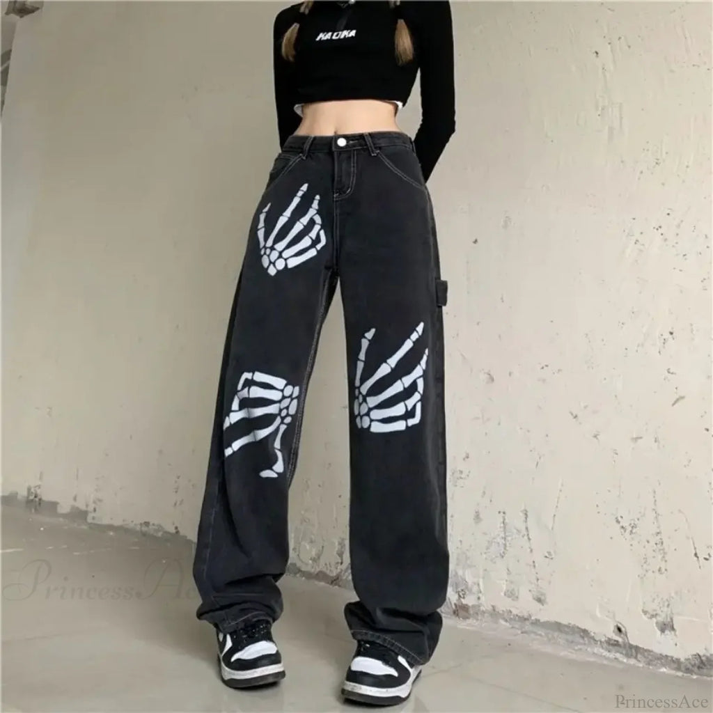 Y2K Black Jeans Print Street Pants image 1