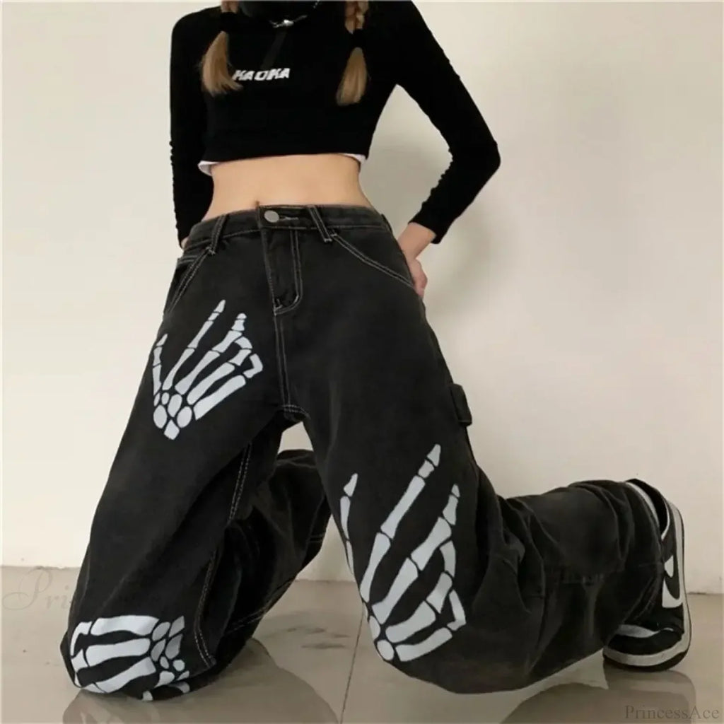 Y2K Black Jeans Print Street Pants image 3