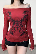 Y2K Dark Print Off Shoulder Long Sleeve Tee image 2