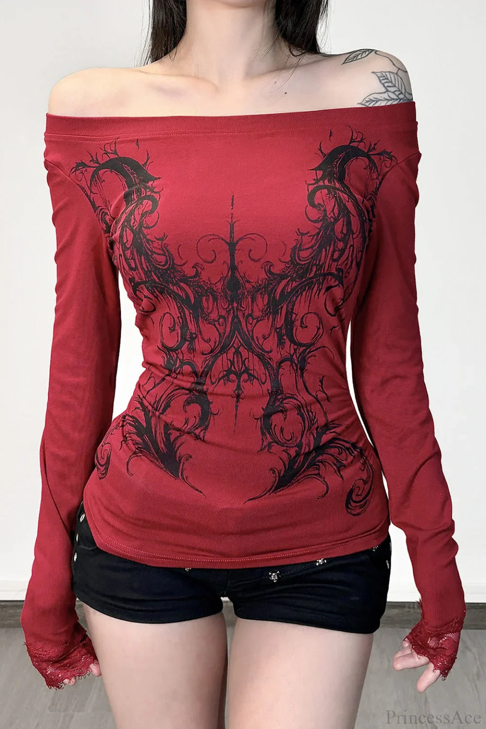 Y2K Dark Print Off Shoulder Long Sleeve Tee image 2