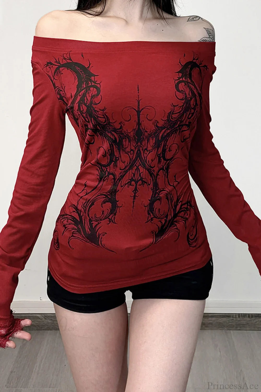 Y2K Dark Print Off Shoulder Long Sleeve Tee image 3