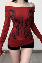 Y2K Dark Print Off Shoulder Long Sleeve Tee image 3