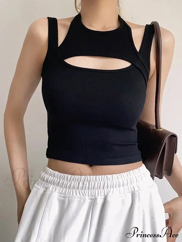 Y2k E-girl Hollow Out Knitted Sleeveless O Neck Mini Vest Basic Casual Sporty Summer Tank top image 2