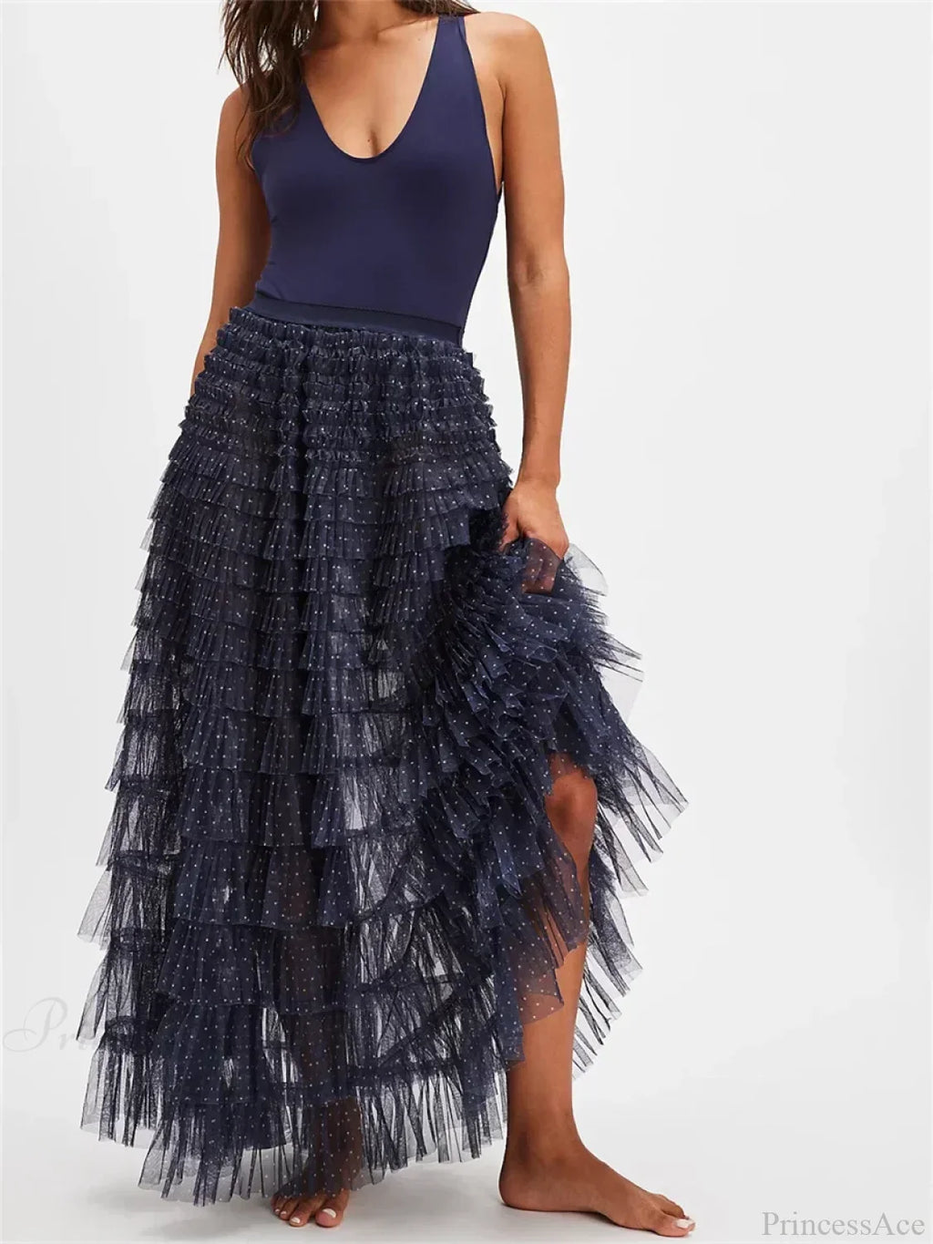 Y2K Fairycore Ruffle Maxi Slip Skirt Elastic Lace Tulle Tutu image 3