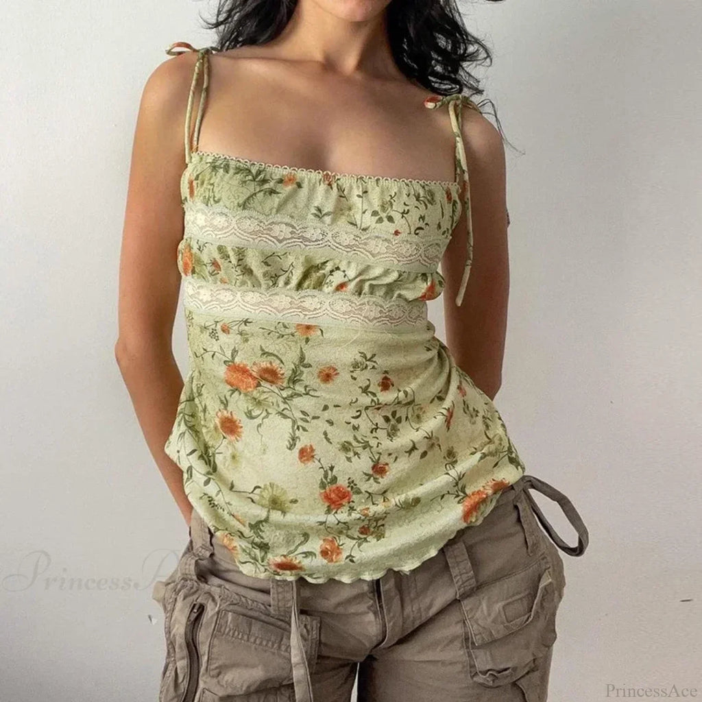 Y2K Floral Print Contrast Lace Patchwork Lace-up Coquette Grunge Crop Top image 2