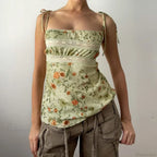 Y2K Floral Print Contrast Lace Patchwork Lace-up Coquette Grunge Crop Top image 3
