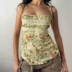 Y2K Floral Print Contrast Lace Patchwork Lace-up Coquette Grunge Crop Top image 1