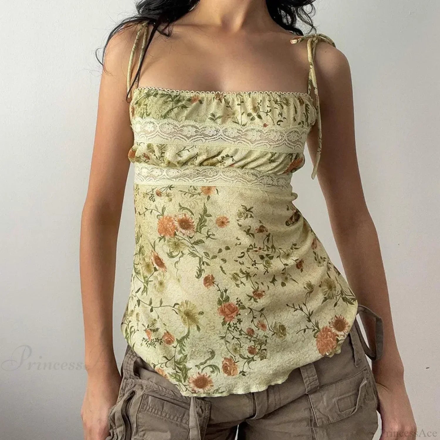 Y2K Floral Print Contrast Lace Patchwork Lace-up Coquette Grunge Crop Top image 1