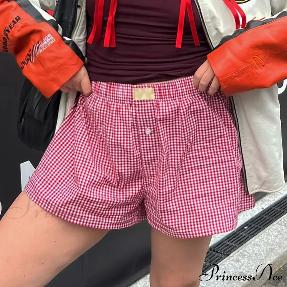 Y2K Gingham Boxer Stripes Button Elastic Waist Boxers Mini Bloomers Plaid Short image 1